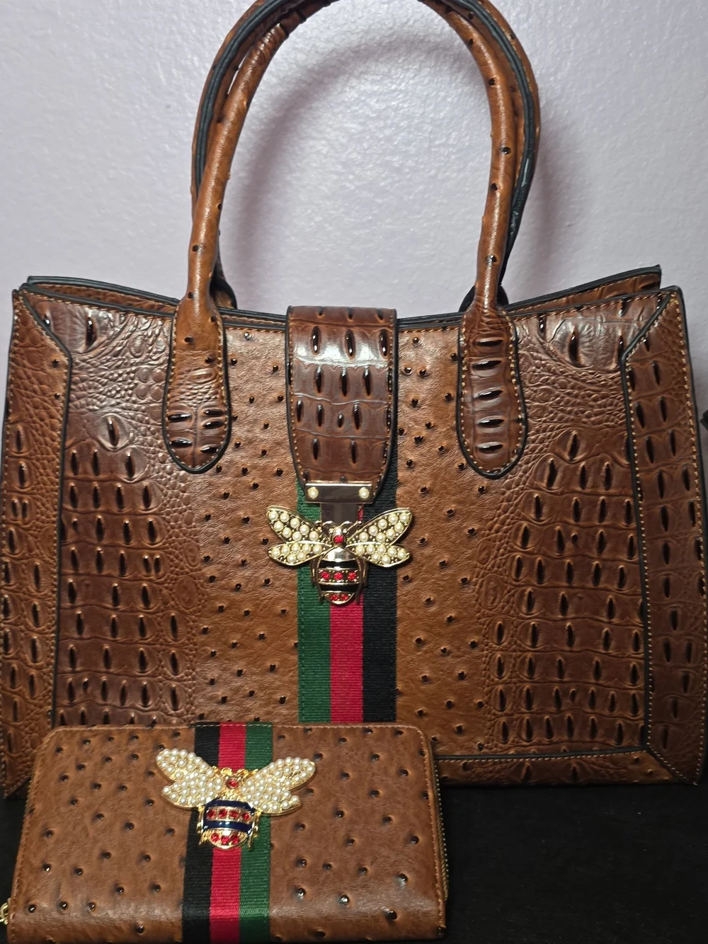 Brown Croc-Embossed Satchel with Bee Accent